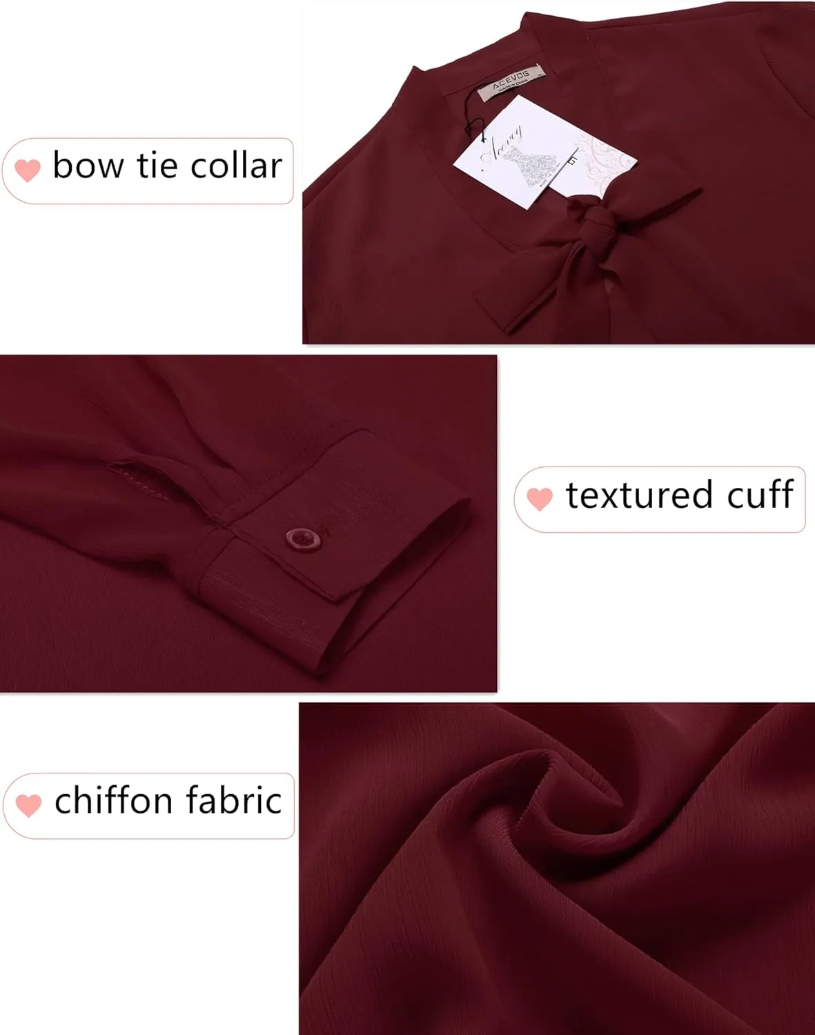 ACEVOG Chiffon Blouses for Women Dressy Bow Tie Neck Long Sleeve Work Shirt Formal Casual Wear