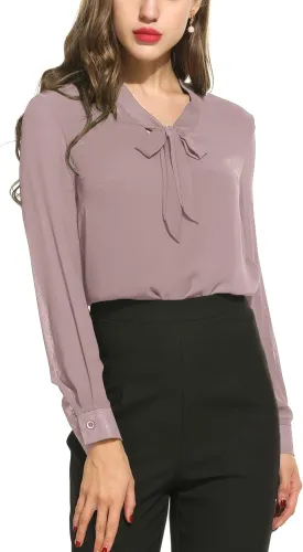 ACEVOG Chiffon Blouses for Women Dressy Bow Tie Neck Long Sleeve Work Shirt Formal Casual Wear