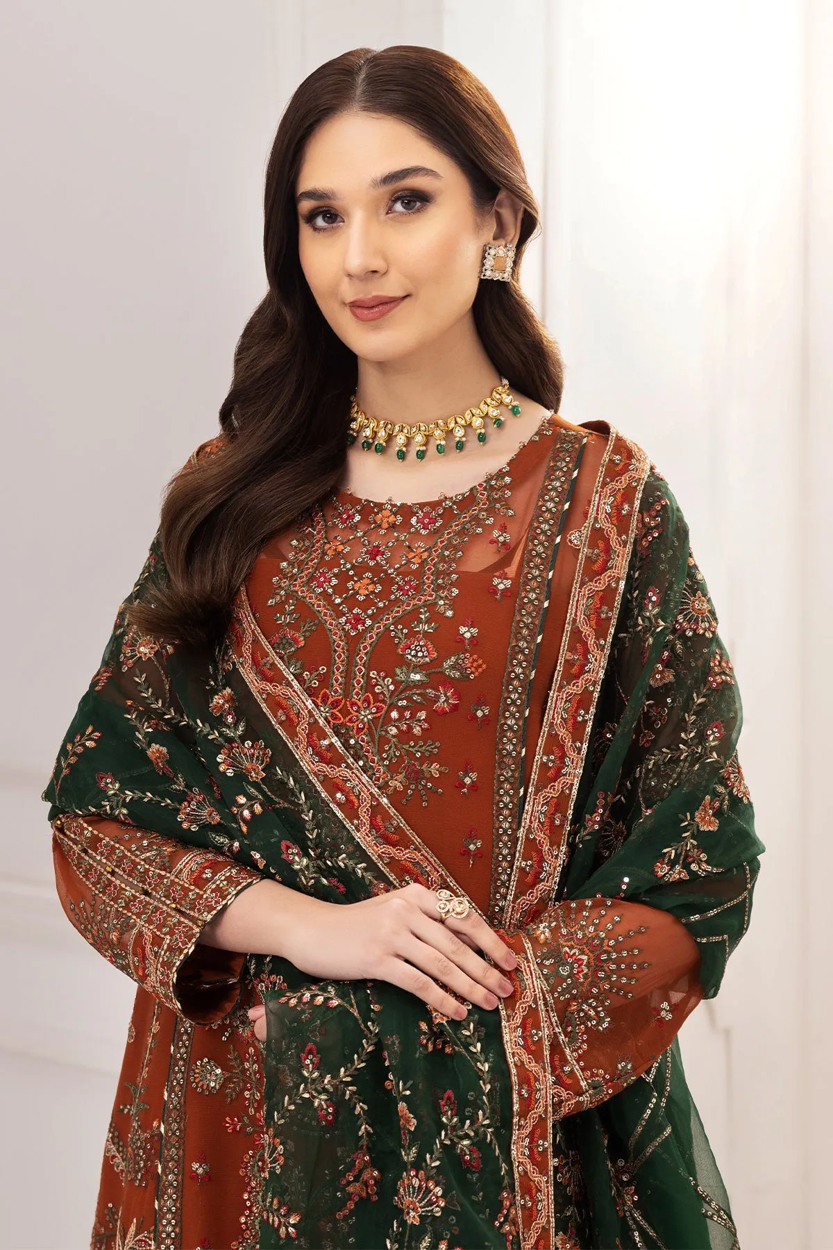Alizeh Rang-e-Mehr Formal Collection – Embroidered Chiffon Rust - V14D02