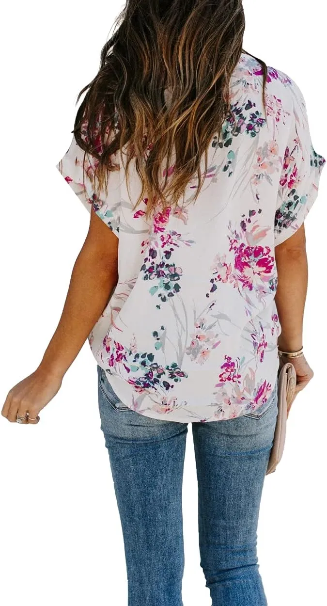 Allimy Women Summer Casual Split V Neckline Floral Chiffon Blouses Loose Tunic Short Sleeve Tops