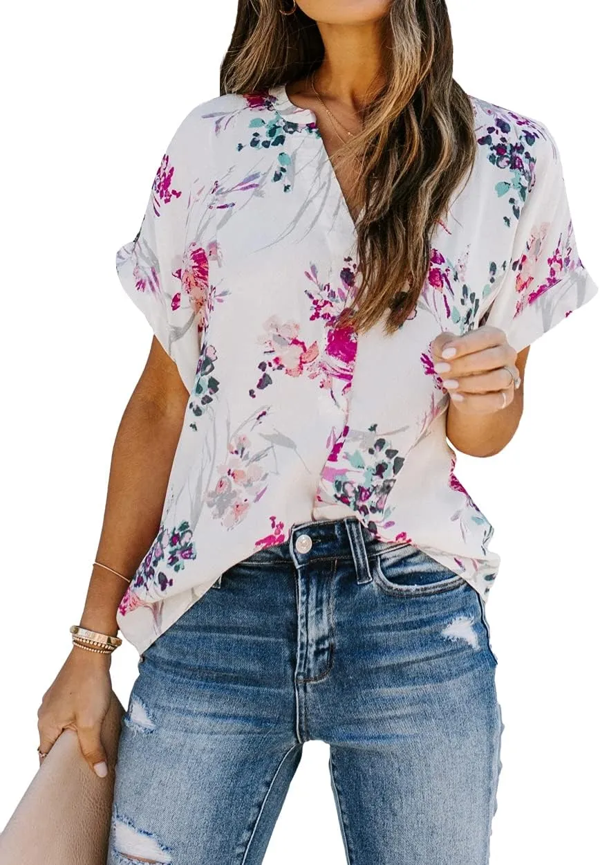 Allimy Women Summer Casual Split V Neckline Floral Chiffon Blouses Loose Tunic Short Sleeve Tops