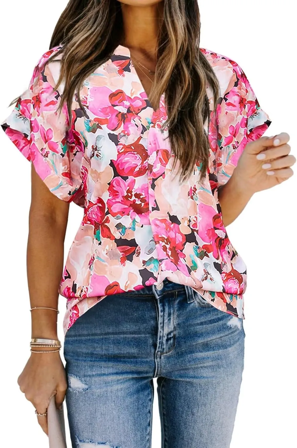 Allimy Women Summer Casual Split V Neckline Floral Chiffon Blouses Loose Tunic Short Sleeve Tops