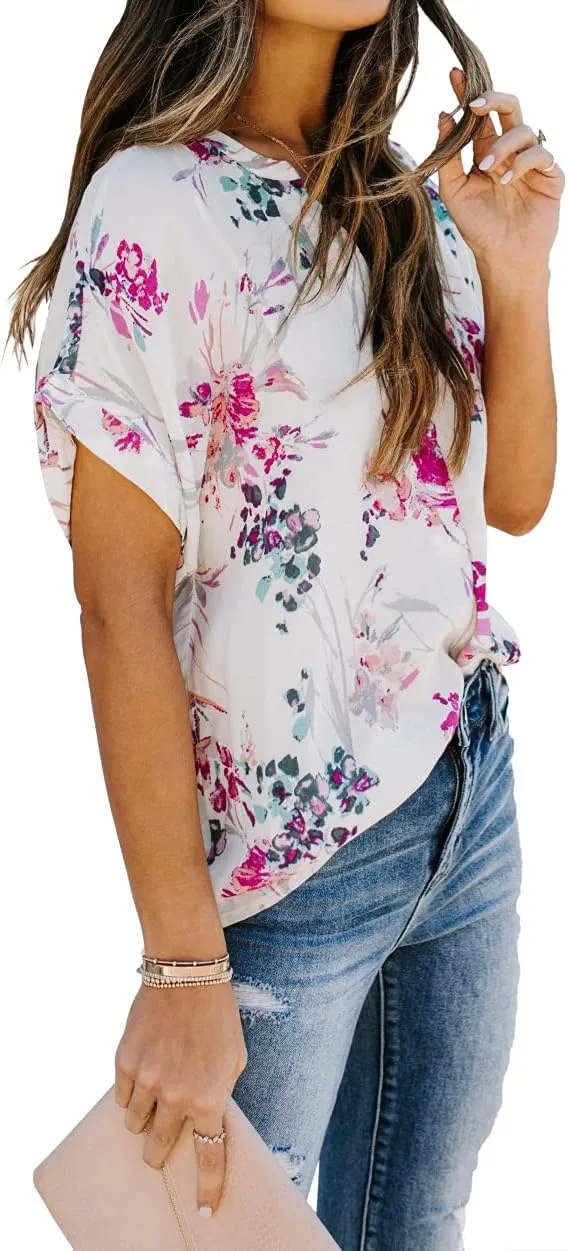 Allimy Women Summer Casual Split V Neckline Floral Chiffon Blouses Loose Tunic Short Sleeve Tops