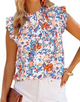 Allimy Women Summer Ruffle Trim Neckline Tank Tops Double Lined Chiffon Blouses