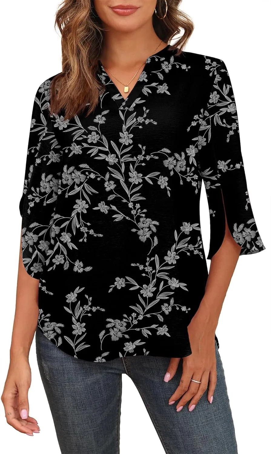 Askyes Women's 2025 Summer Chiffon Blouses Short Sleeve V Neck Tshirts Loose Casual Flowy Dressy Tops for Leggings Blouse