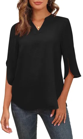 Askyes Women's 2025 Summer Chiffon Blouses Short Sleeve V Neck Tshirts Loose Casual Flowy Dressy Tops for Leggings Blouse