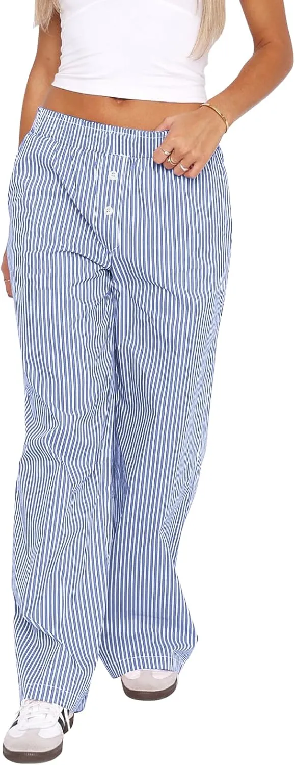 Balimtoy Women Y2k Striped Pajamas Lounge Boxer Pants Casual Elastic Waist Wide Leg Loose Trousers with Pockets Streetwear
