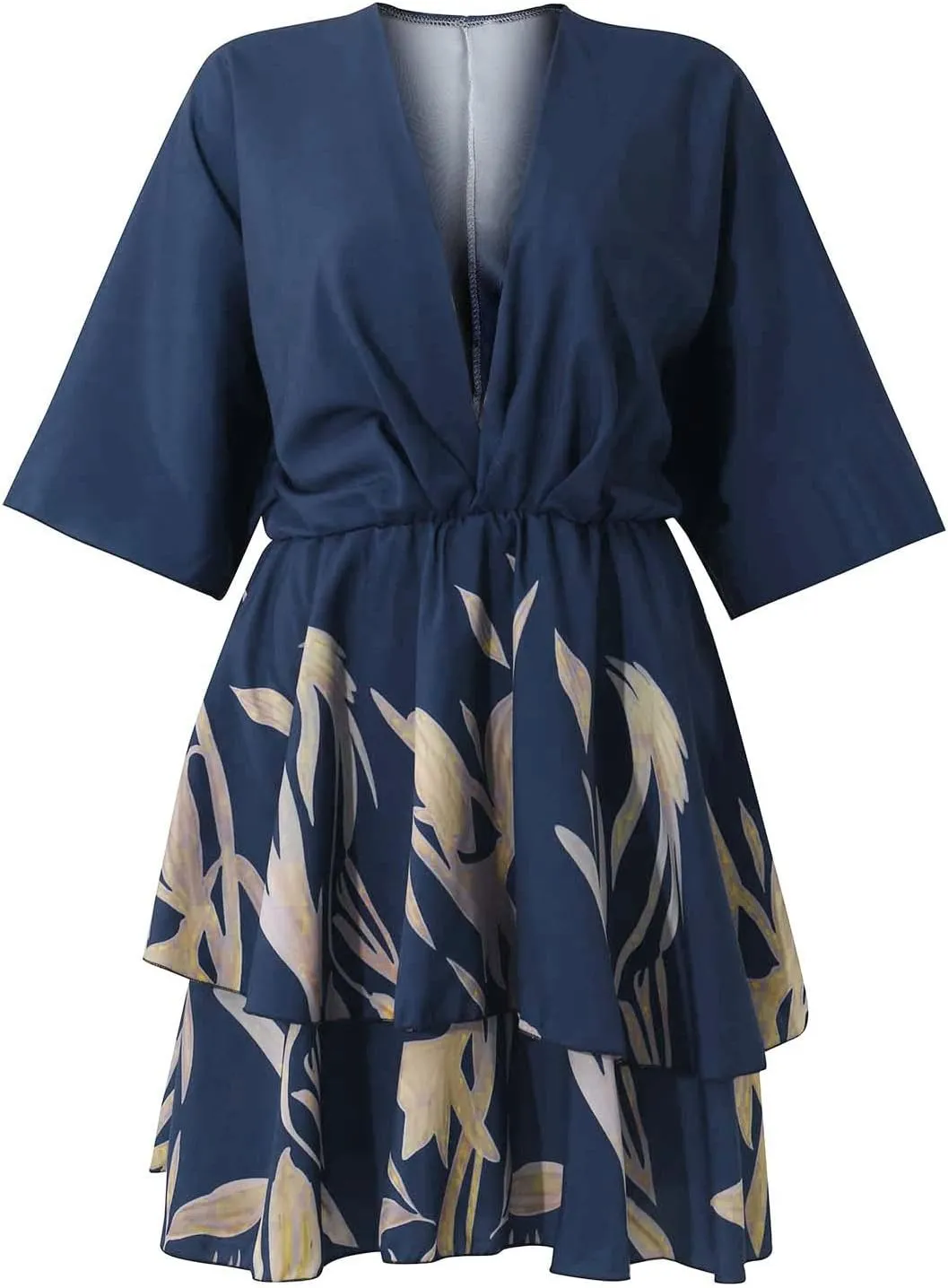 BAXLIMEK Beach Dresses for Women,2025 Elegant Deep V Neck Batwing Sleeve Mini Dress Flowy Ruched Tiered Print Vacation Dress