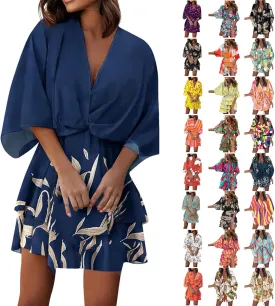 BAXLIMEK Beach Dresses for Women,2025 Elegant Deep V Neck Batwing Sleeve Mini Dress Flowy Ruched Tiered Print Vacation Dress