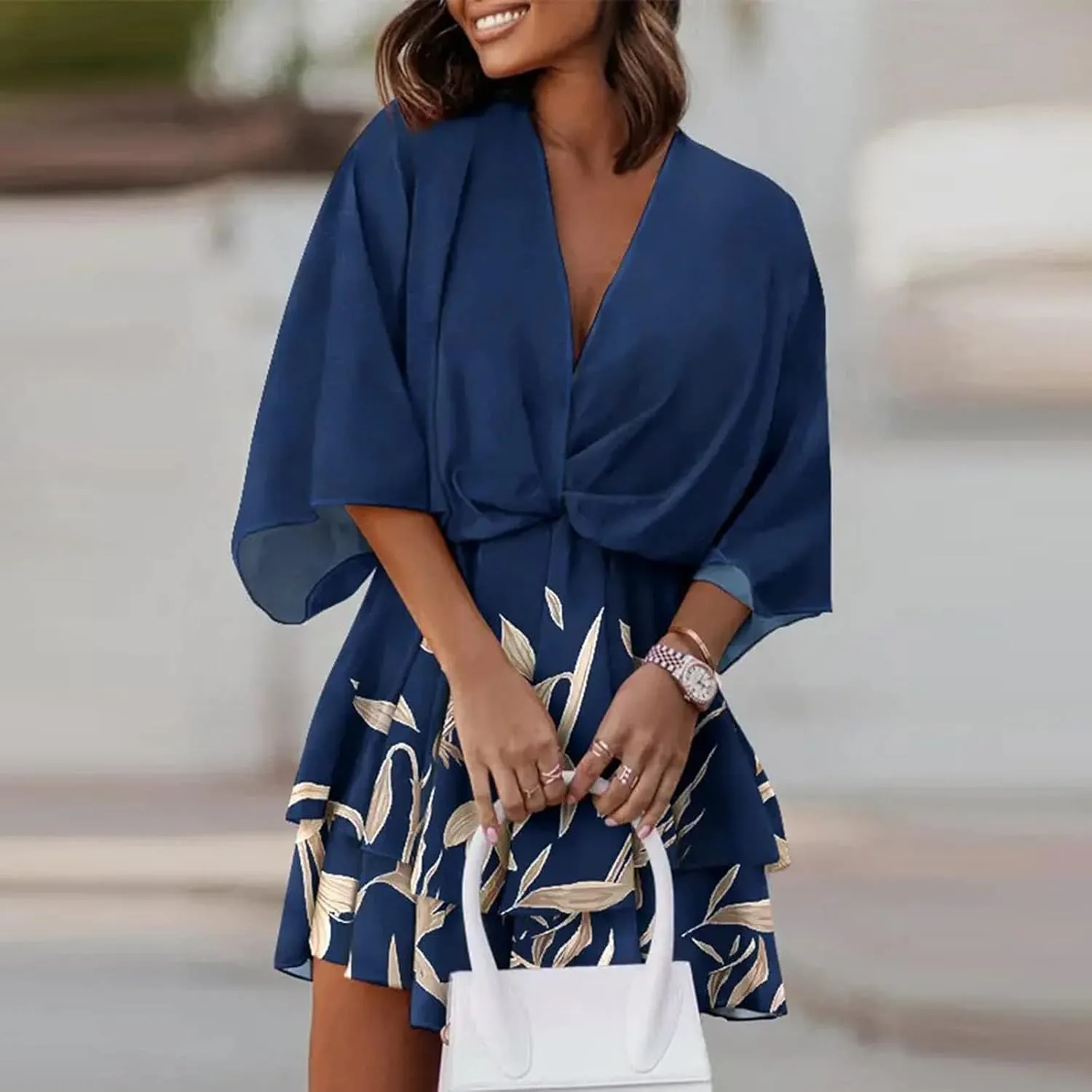 BAXLIMEK Beach Dresses for Women,2025 Elegant Deep V Neck Batwing Sleeve Mini Dress Flowy Ruched Tiered Print Vacation Dress