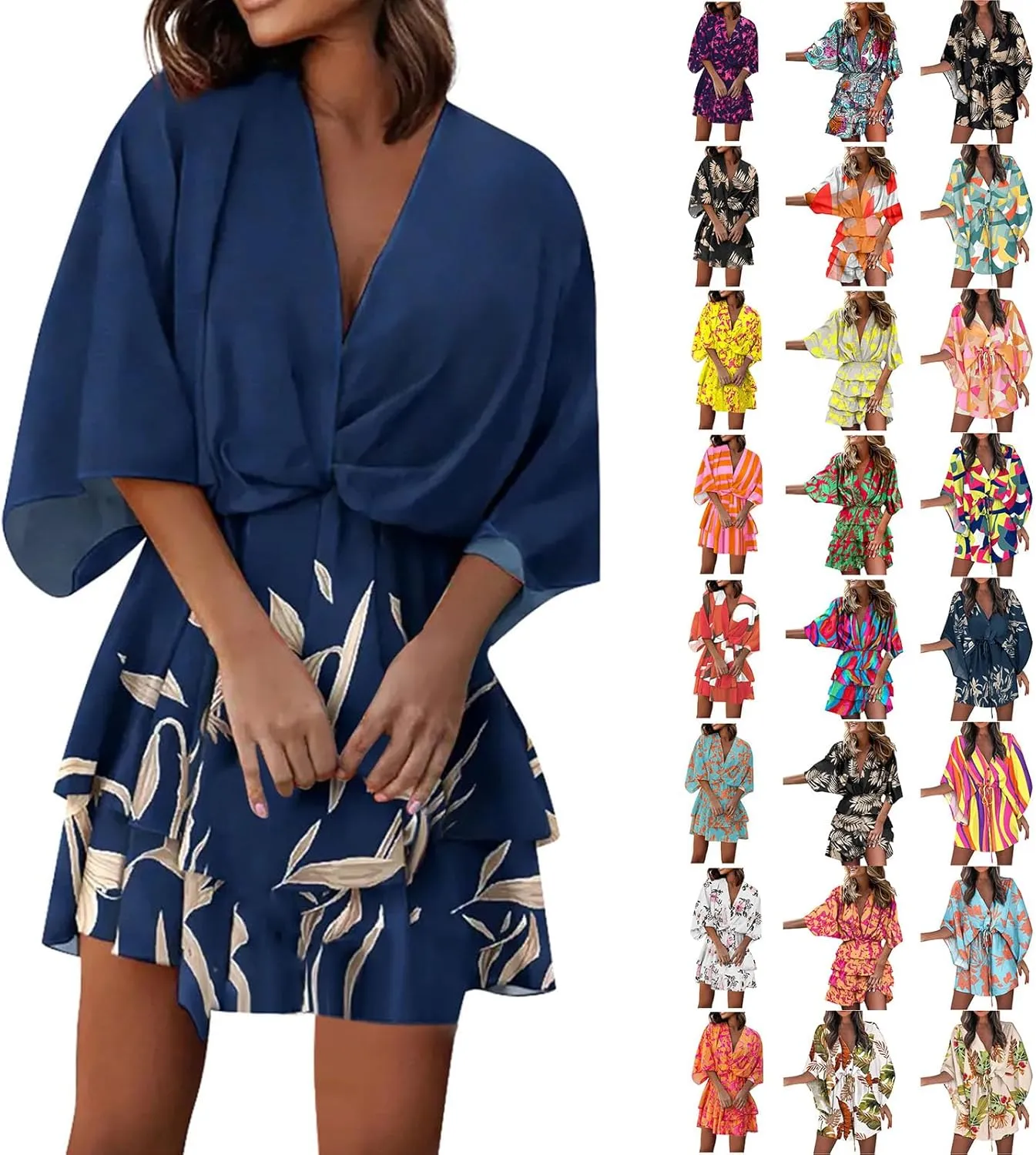 BAXLIMEK Beach Dresses for Women,2025 Elegant Deep V Neck Batwing Sleeve Mini Dress Flowy Ruched Tiered Print Vacation Dress