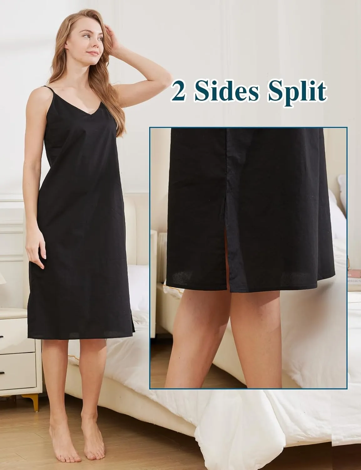 BEAUTELICATE Women Longer Slip 100% Cotton Full Slip with Side Split Under Dress Knee Length Adjustable Straps