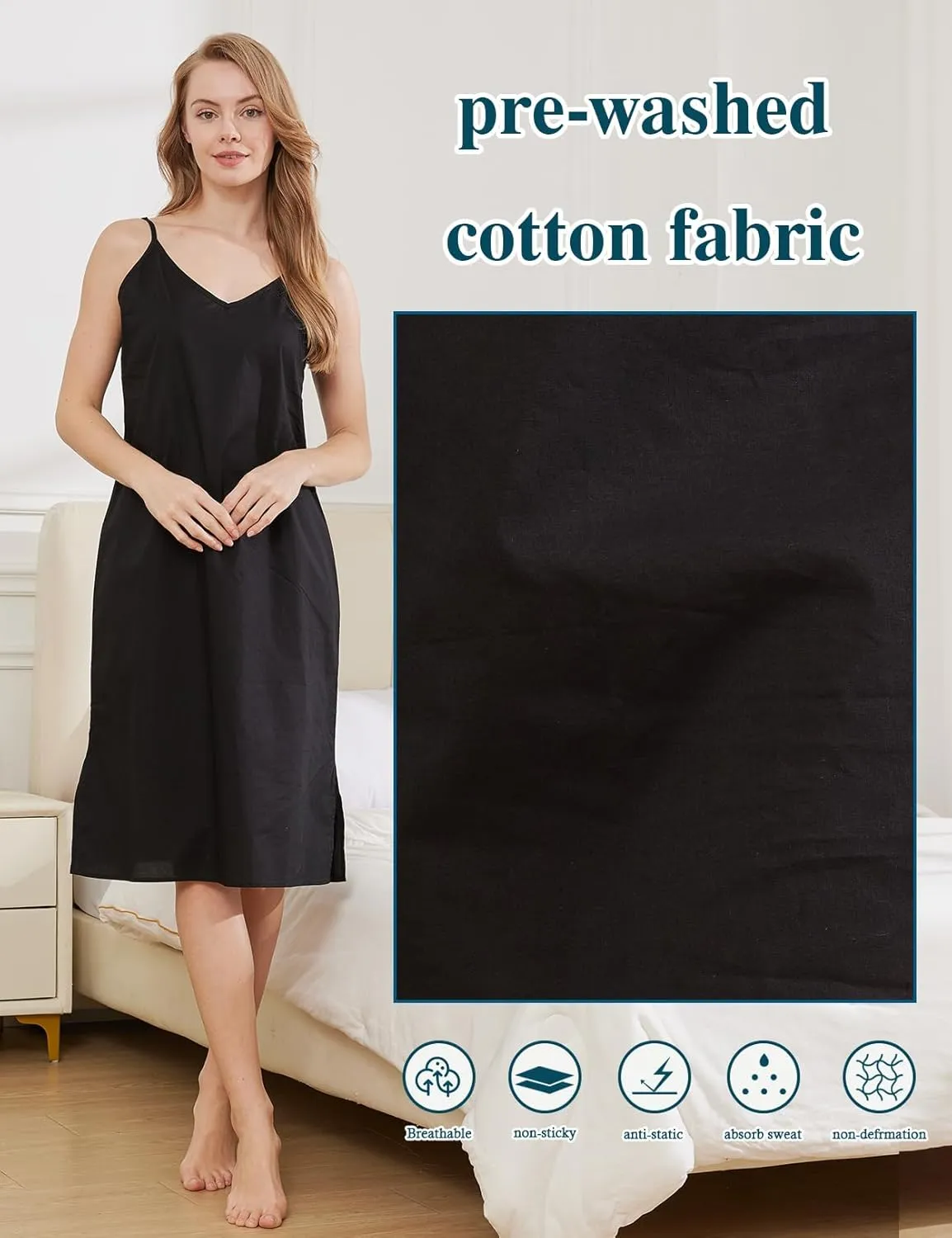 BEAUTELICATE Women Longer Slip 100% Cotton Full Slip with Side Split Under Dress Knee Length Adjustable Straps