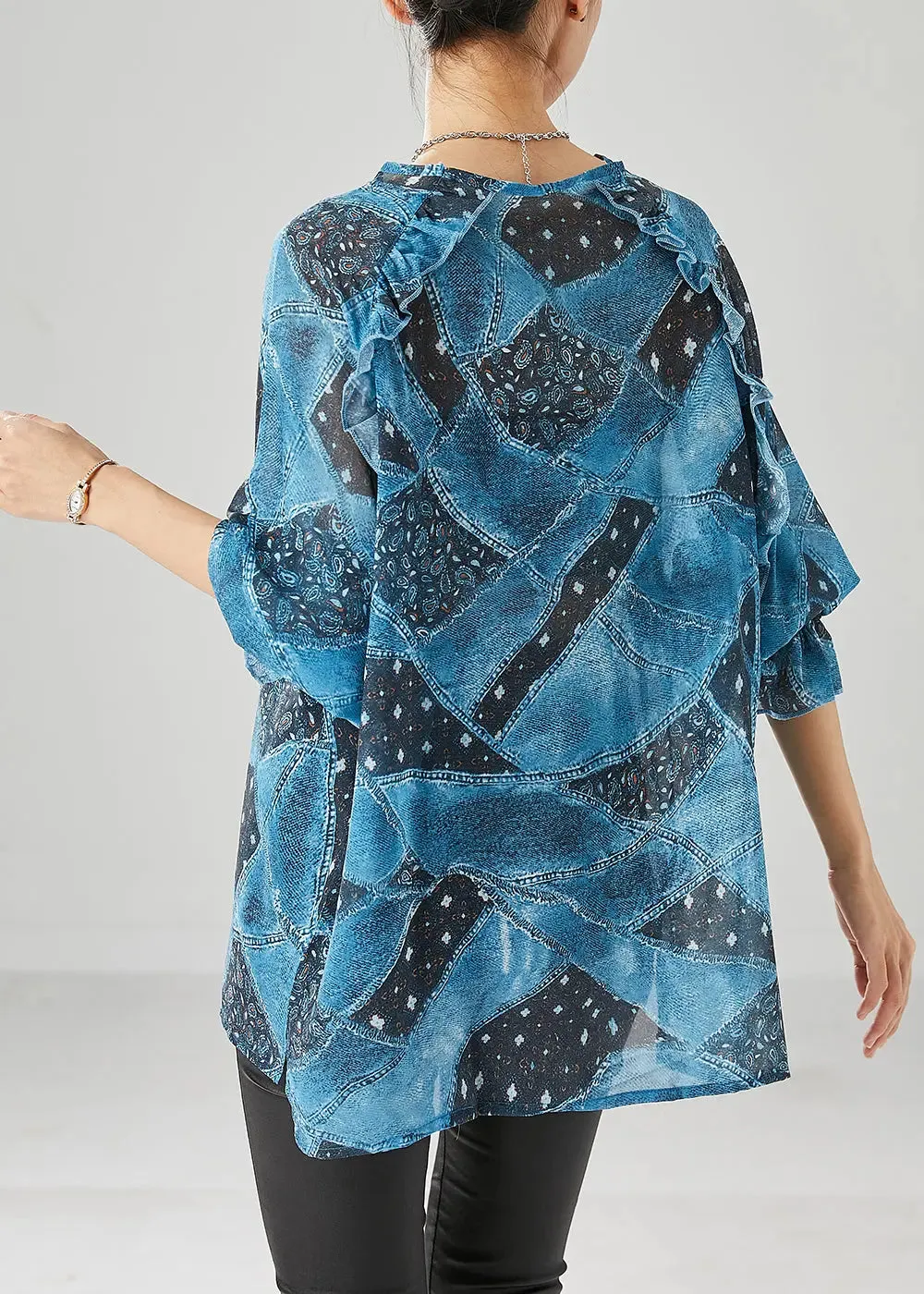 Blue Ruffled Print Chiffon Tanks