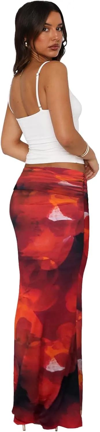 Bodycon Maxi Skirts for Women, Foldover High Waist Floral Leopard Cheetah Print Sexy Club Long Y2k Skirt