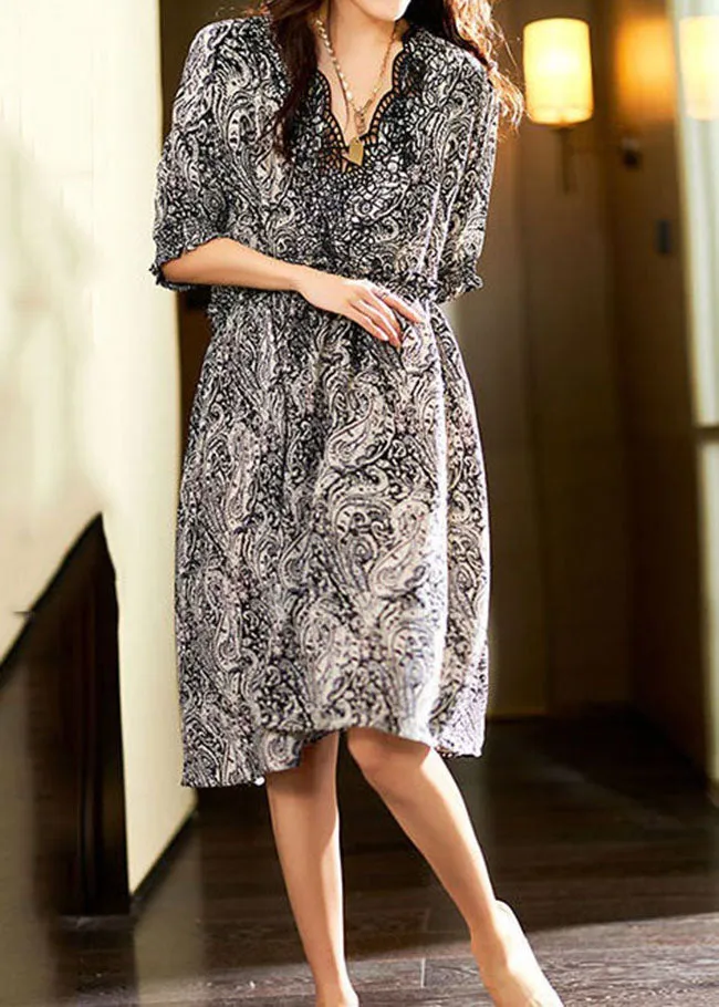 Bohemian Black V Neck Print Patchwork Chiffon Dress Summer LY3823