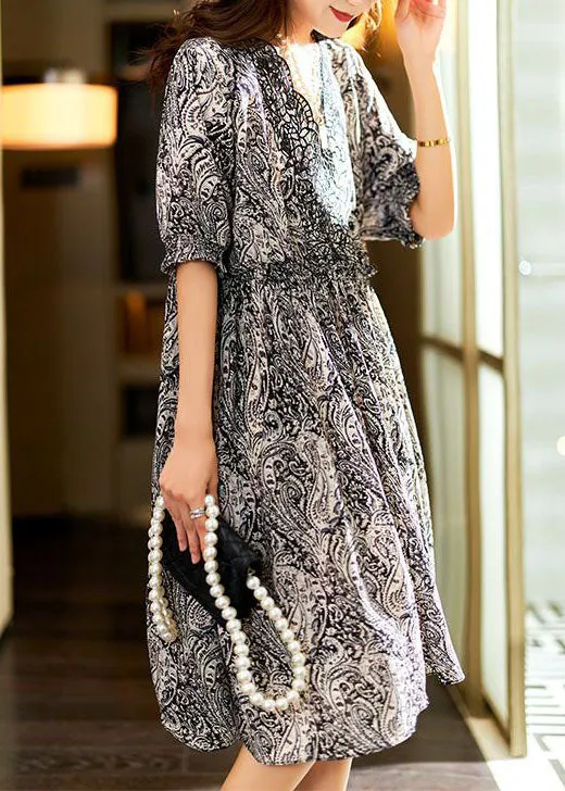 Bohemian Black V Neck Print Patchwork Chiffon Dress Summer LY3823