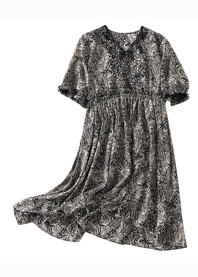 Bohemian Black V Neck Print Patchwork Chiffon Dress Summer LY3823