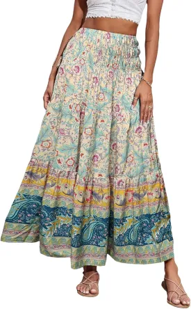 Boho Maxi Skirt for Women Summer Flowy Elastic High Waist Floral Print Skirts Fashion Tunic Color Block Beach Skirts
