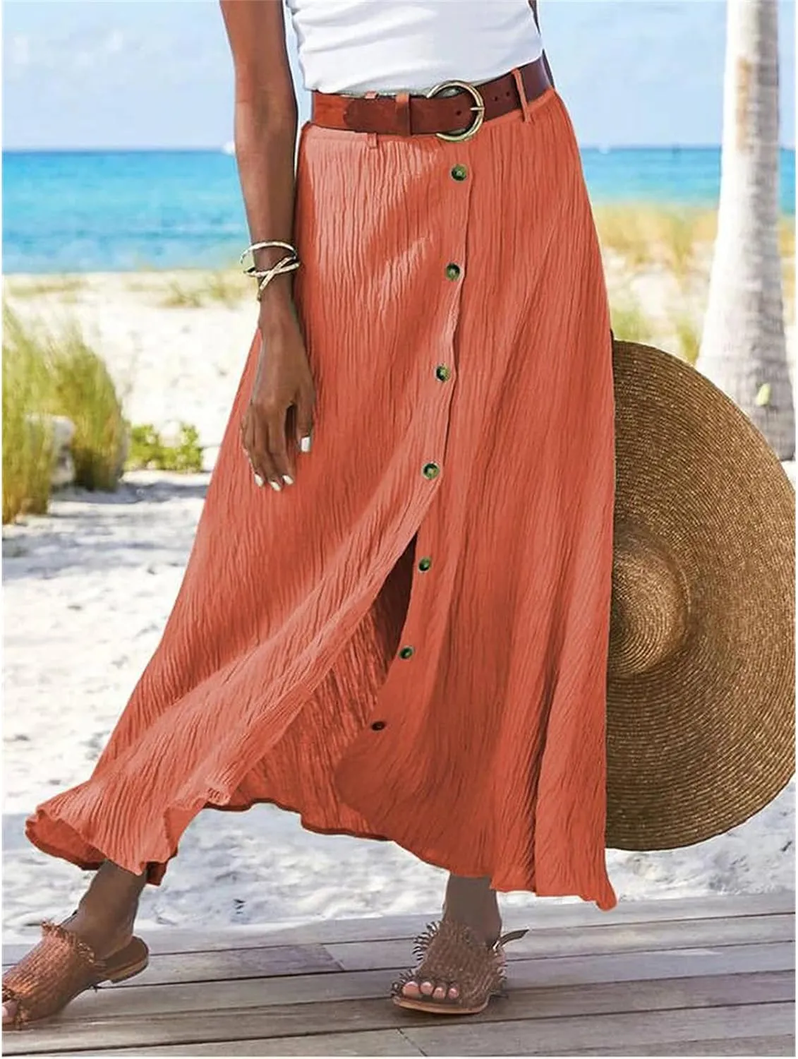 Button Down Maxi Skirts for Women Cotten Linen A Line Beach Long Skirts Casual Loose Flowy Swing Slit Front Dress