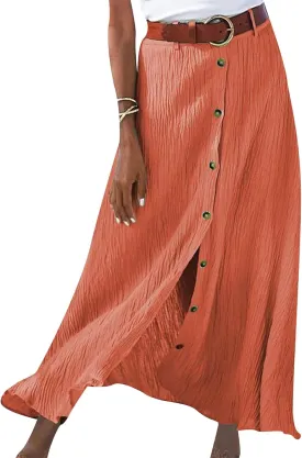Button Down Maxi Skirts for Women Cotten Linen A Line Beach Long Skirts Casual Loose Flowy Swing Slit Front Dress