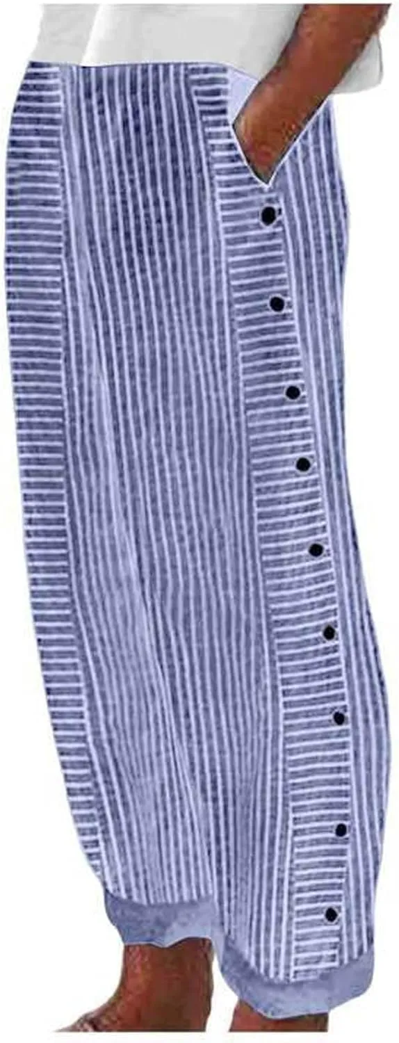 Casual Pants for Women Trendy Stripe Side Button Up Elastic Waist Straight Leg Trousers with Pocket