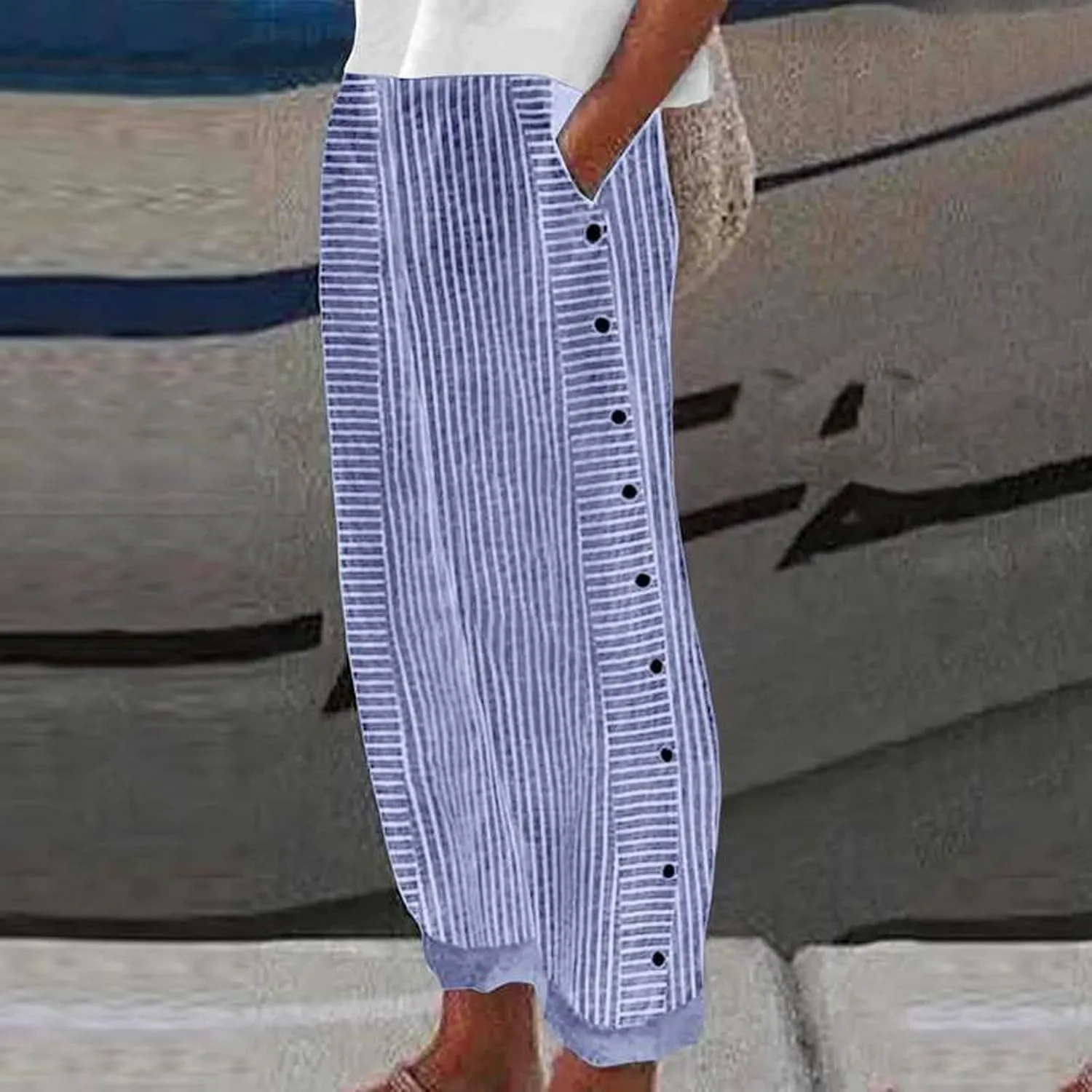 Casual Pants for Women Trendy Stripe Side Button Up Elastic Waist Straight Leg Trousers with Pocket