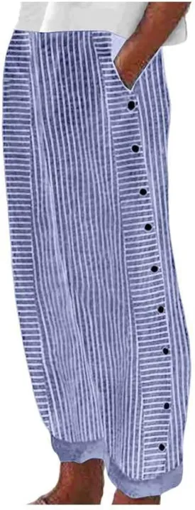Casual Pants for Women Trendy Stripe Side Button Up Elastic Waist Straight Leg Trousers with Pocket