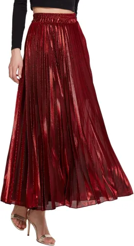 CHARTOU Women's Premium Metallic Shiny Shimmer Accordion Pleated Long Maxi Skirt