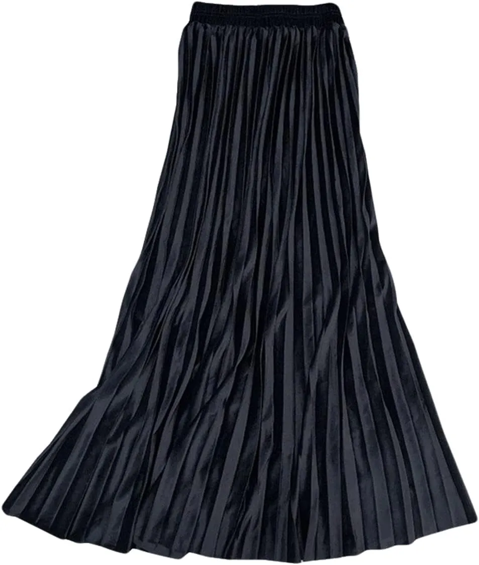 CHARTOU Women's Shiny Velvet Metallic Accordion Pleated Midi Skirt Elastic Waist A-Line Skirt