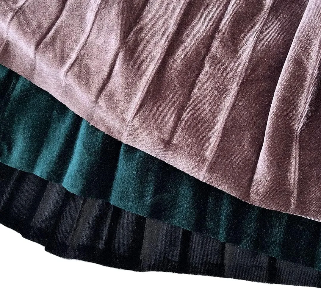 CHARTOU Women's Shiny Velvet Metallic Accordion Pleated Midi Skirt Elastic Waist A-Line Skirt