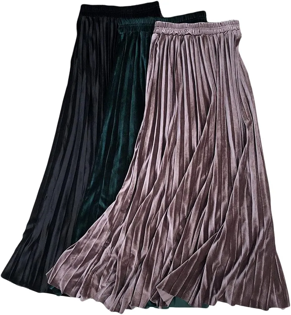 CHARTOU Women's Shiny Velvet Metallic Accordion Pleated Midi Skirt Elastic Waist A-Line Skirt