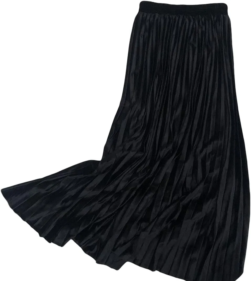 CHARTOU Women's Shiny Velvet Metallic Accordion Pleated Midi Skirt Elastic Waist A-Line Skirt