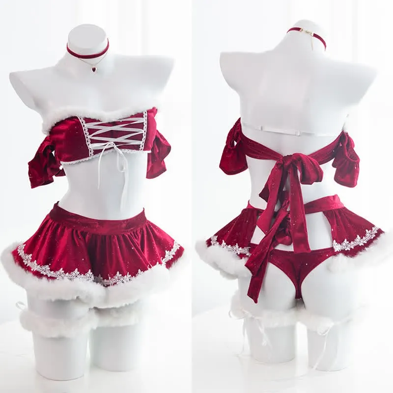 Christmas Lace Up Velvet Lingerie Set  KF705740