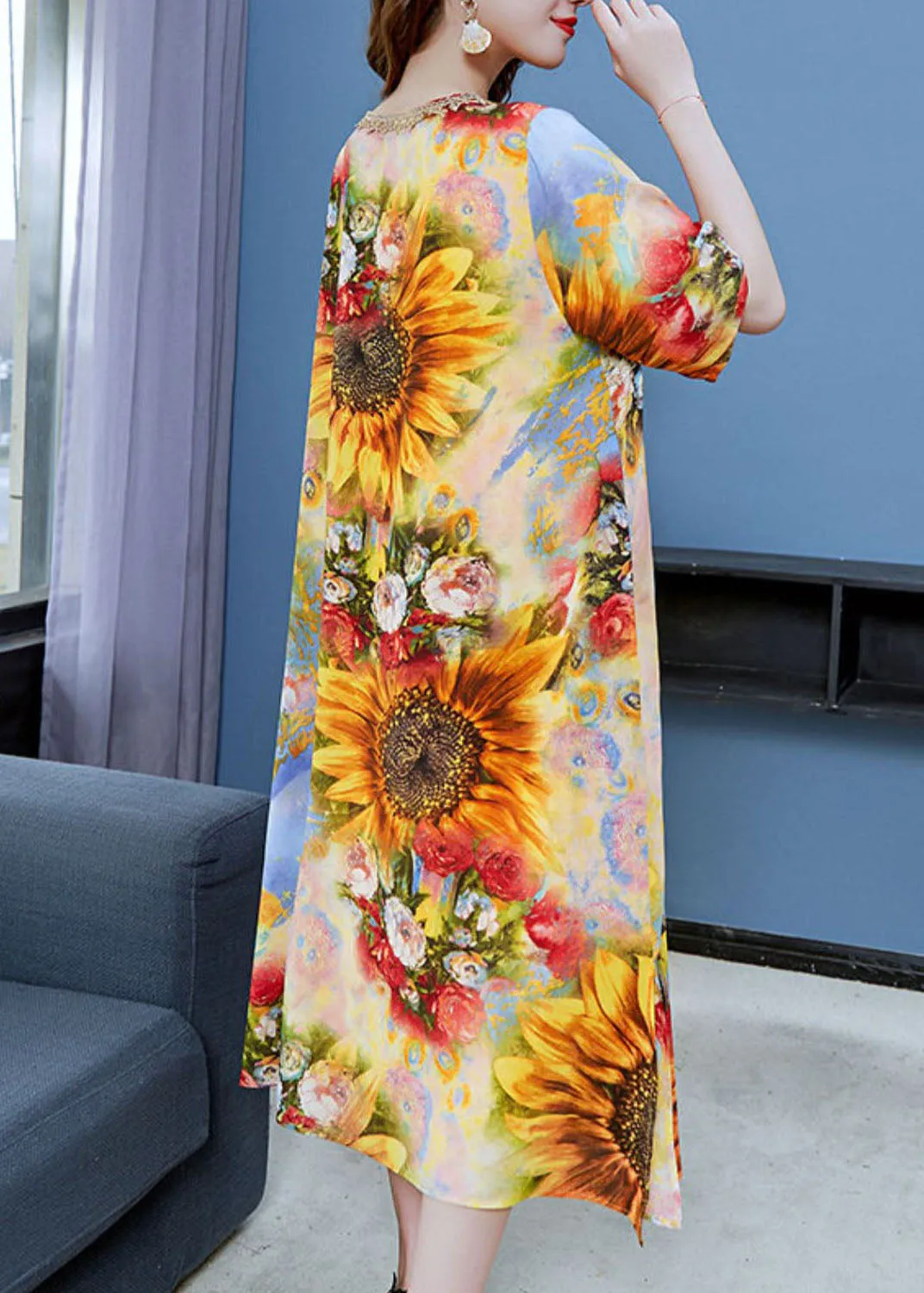 Classy Yellow The Sunflowers Print Patchwork Chiffon Dress Summer LY6824