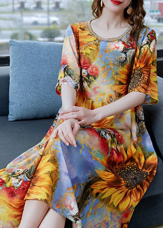 Classy Yellow The Sunflowers Print Patchwork Chiffon Dress Summer LY6824