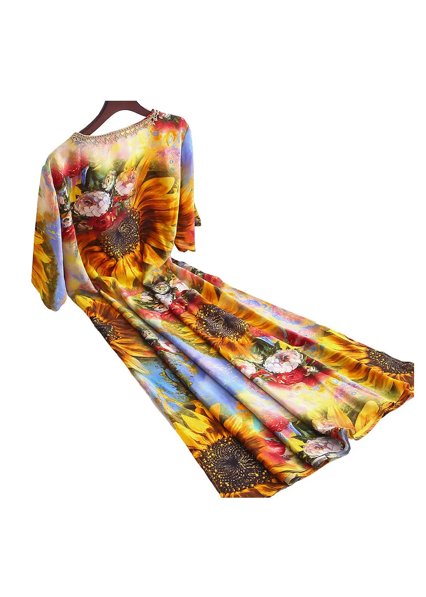 Classy Yellow The Sunflowers Print Patchwork Chiffon Dress Summer LY6824