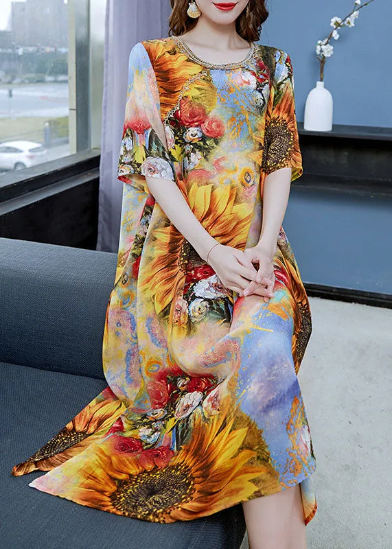 Classy Yellow The Sunflowers Print Patchwork Chiffon Dress Summer LY6824
