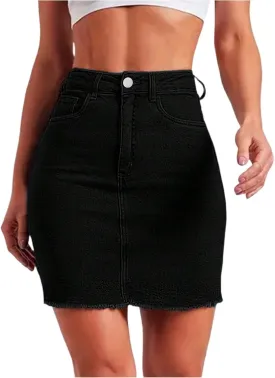 Denim Skirt Women High Waisted Short Mini Jean Skirts Summer Casual Frayed Hem Cute Skirts with Pockets