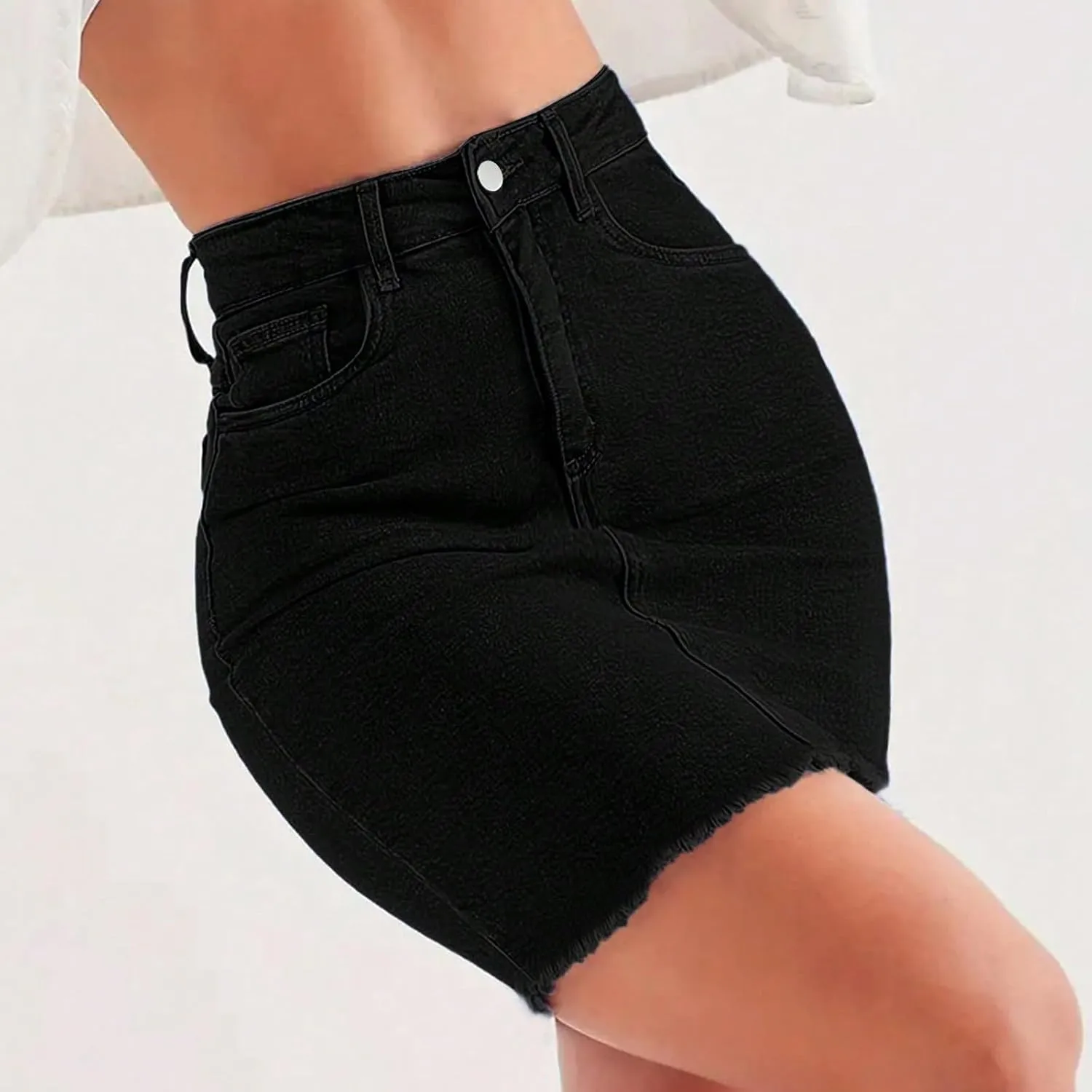 Denim Skirt Women High Waisted Short Mini Jean Skirts Summer Casual Frayed Hem Cute Skirts with Pockets