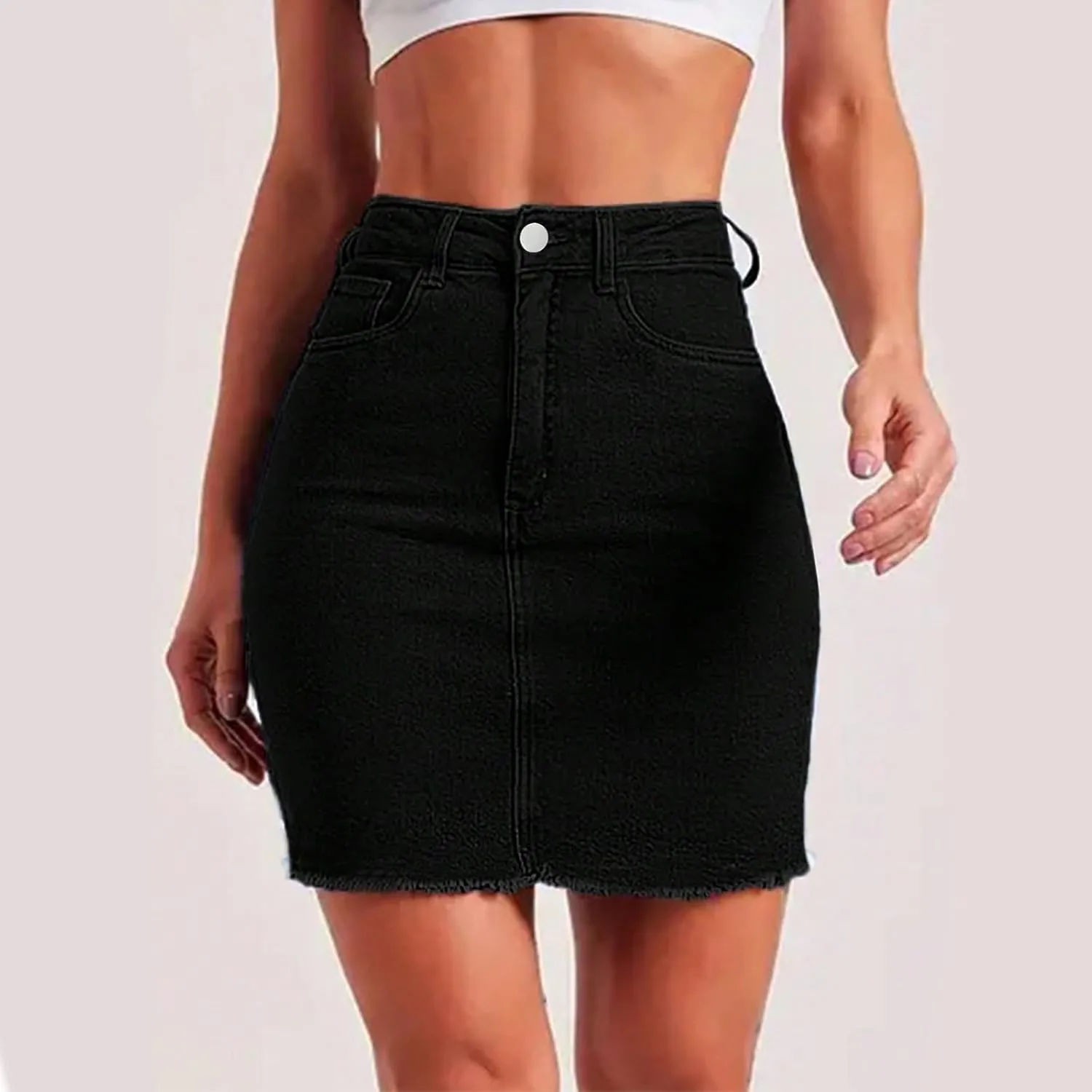 Denim Skirt Women High Waisted Short Mini Jean Skirts Summer Casual Frayed Hem Cute Skirts with Pockets
