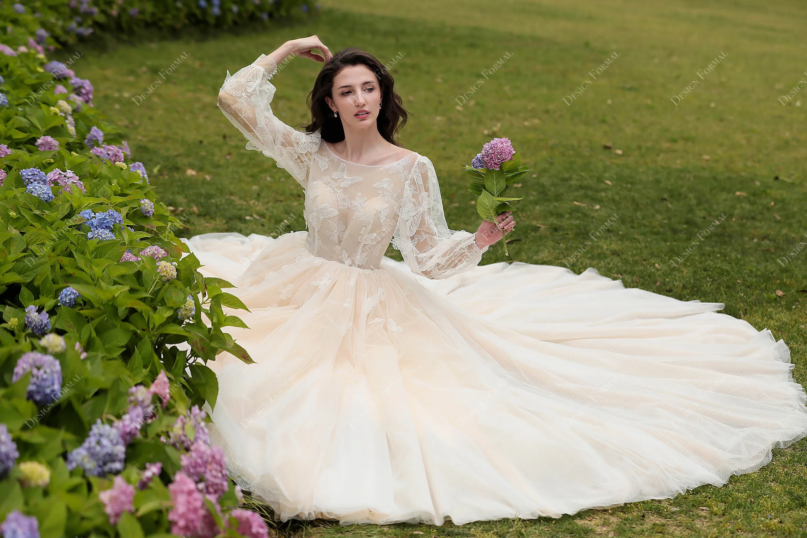 Designer Butterfly Lace Cinderella Garden Nude Wedding Gown