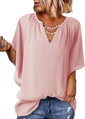Dokotoo Womens Summer Tops V Neck Short Sleeve Shirts Business Work Chiffon Women Blouses
