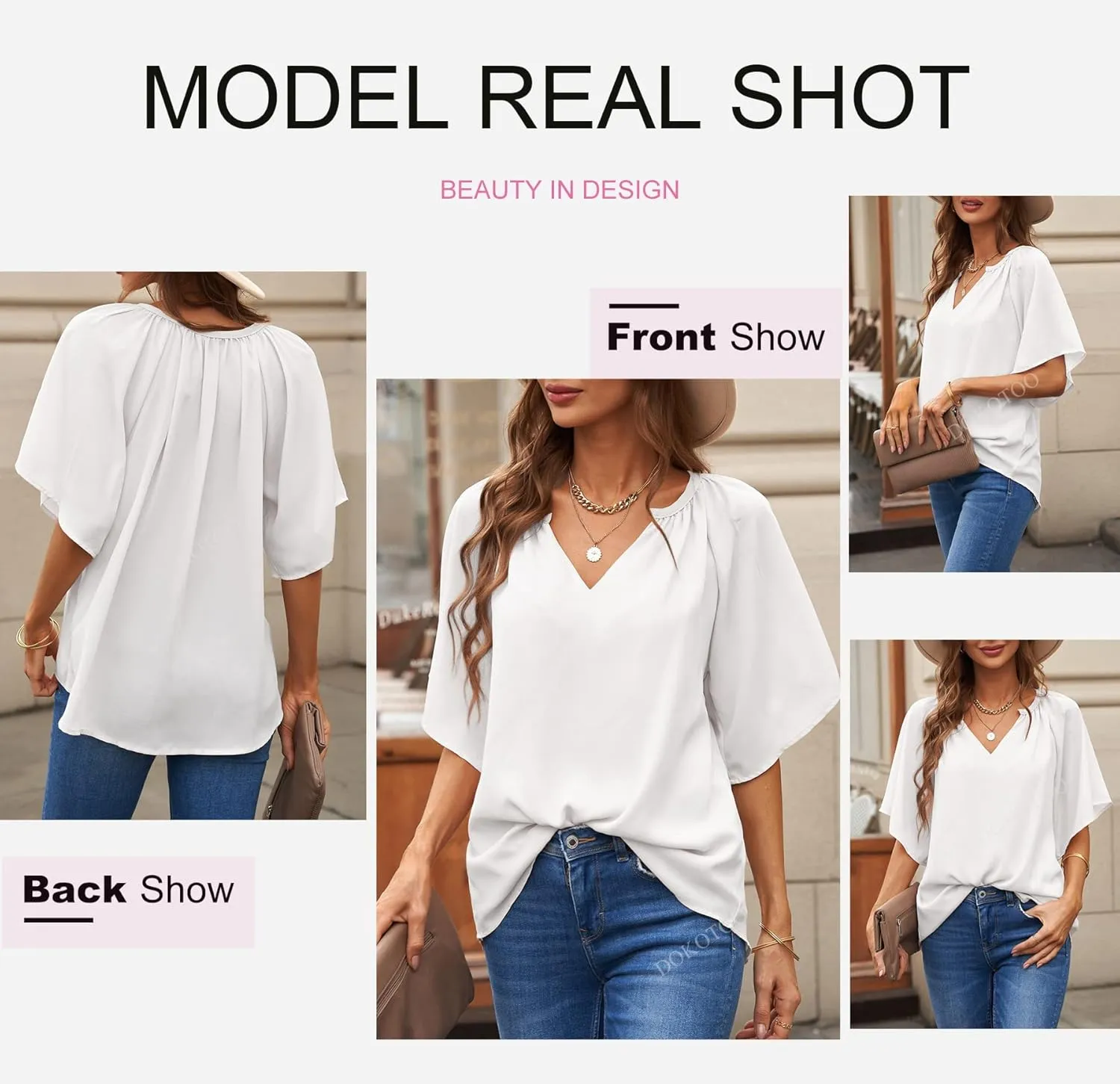 Dokotoo Womens Summer Tops V Neck Short Sleeve Shirts Business Work Chiffon Women Blouses
