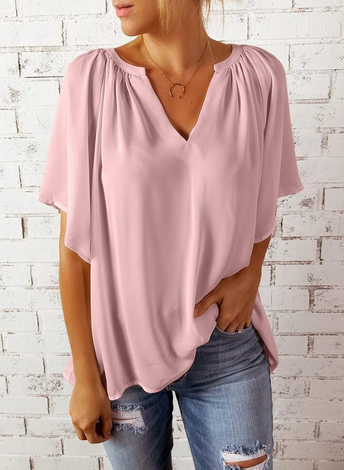 Dokotoo Womens Summer Tops V Neck Short Sleeve Shirts Business Work Chiffon Women Blouses