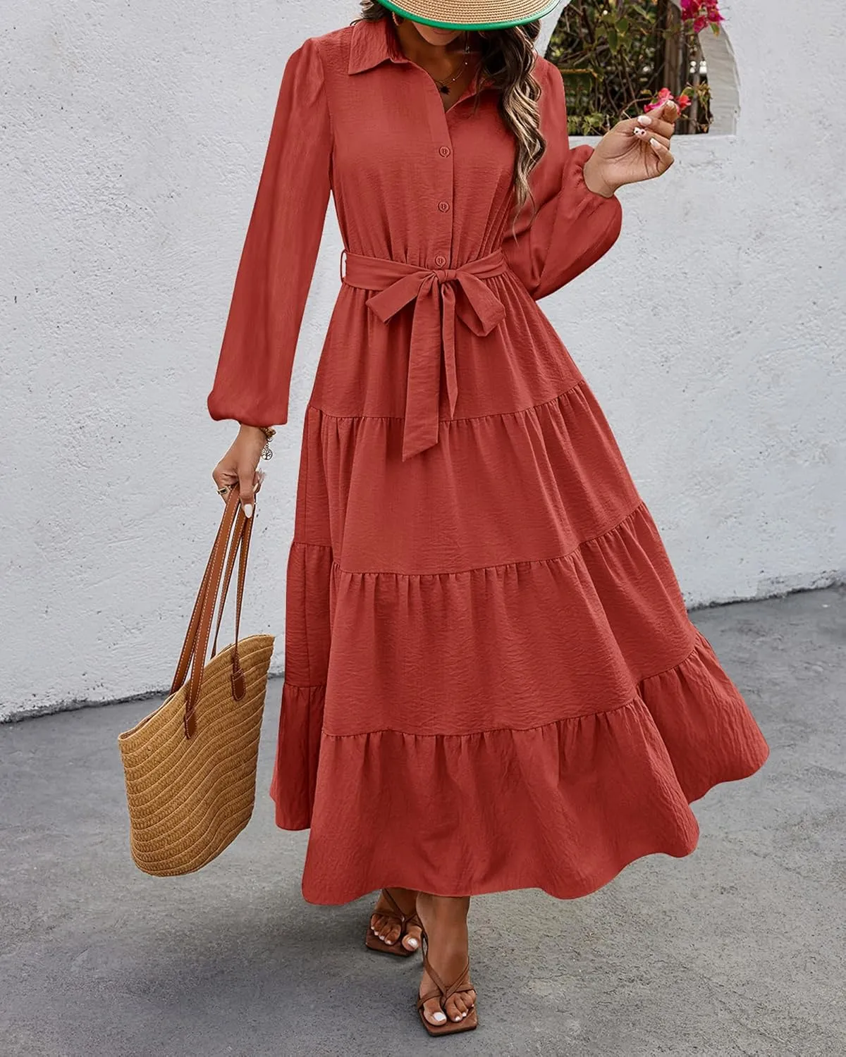 dowerme Women's Long Sleeve Dress 2025 Button Down Belted A-Line Flowy Fall Outfits Ruffle Maxi Holiday Party Dresses