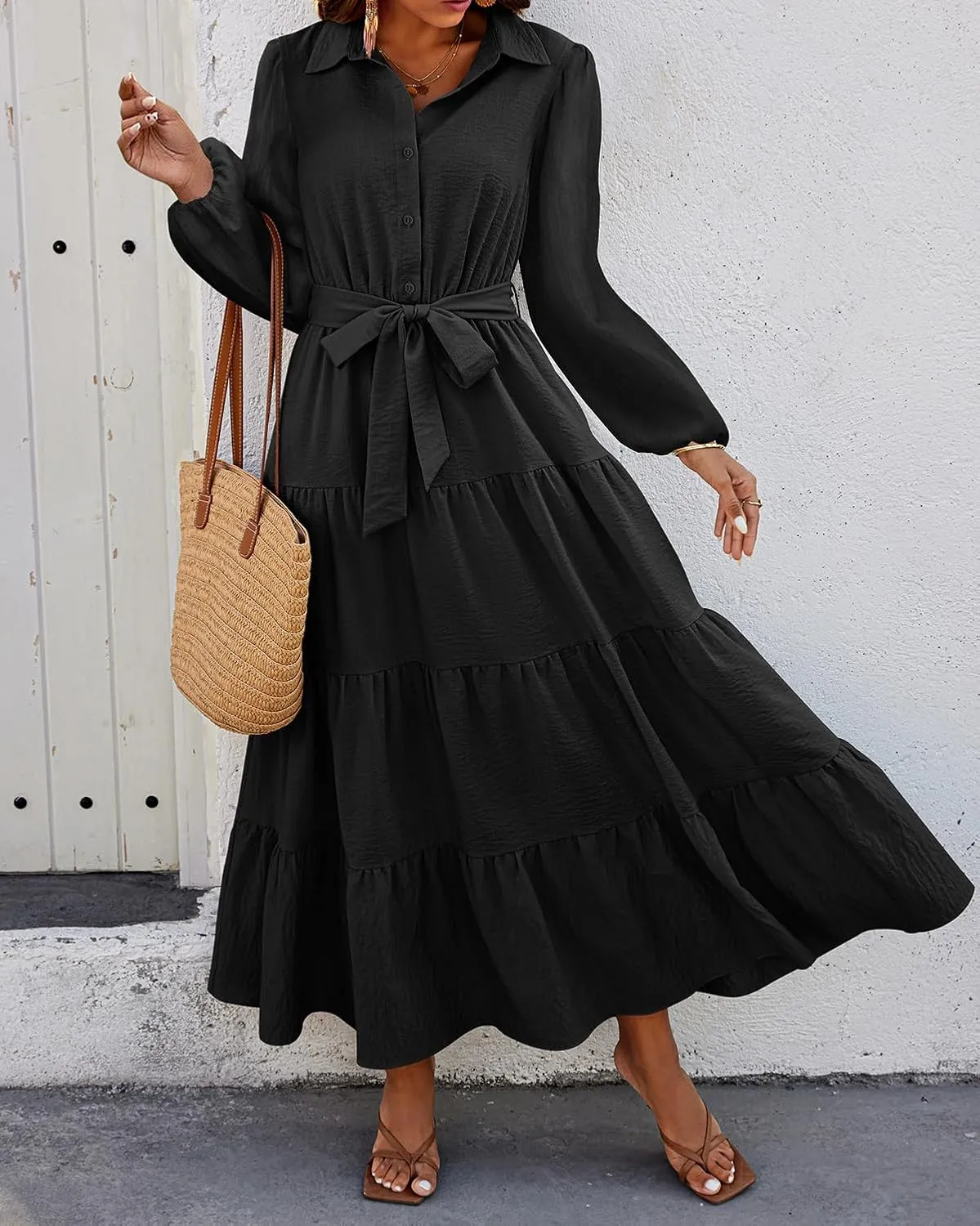 dowerme Women's Long Sleeve Dress 2025 Button Down Belted A-Line Flowy Fall Outfits Ruffle Maxi Holiday Party Dresses