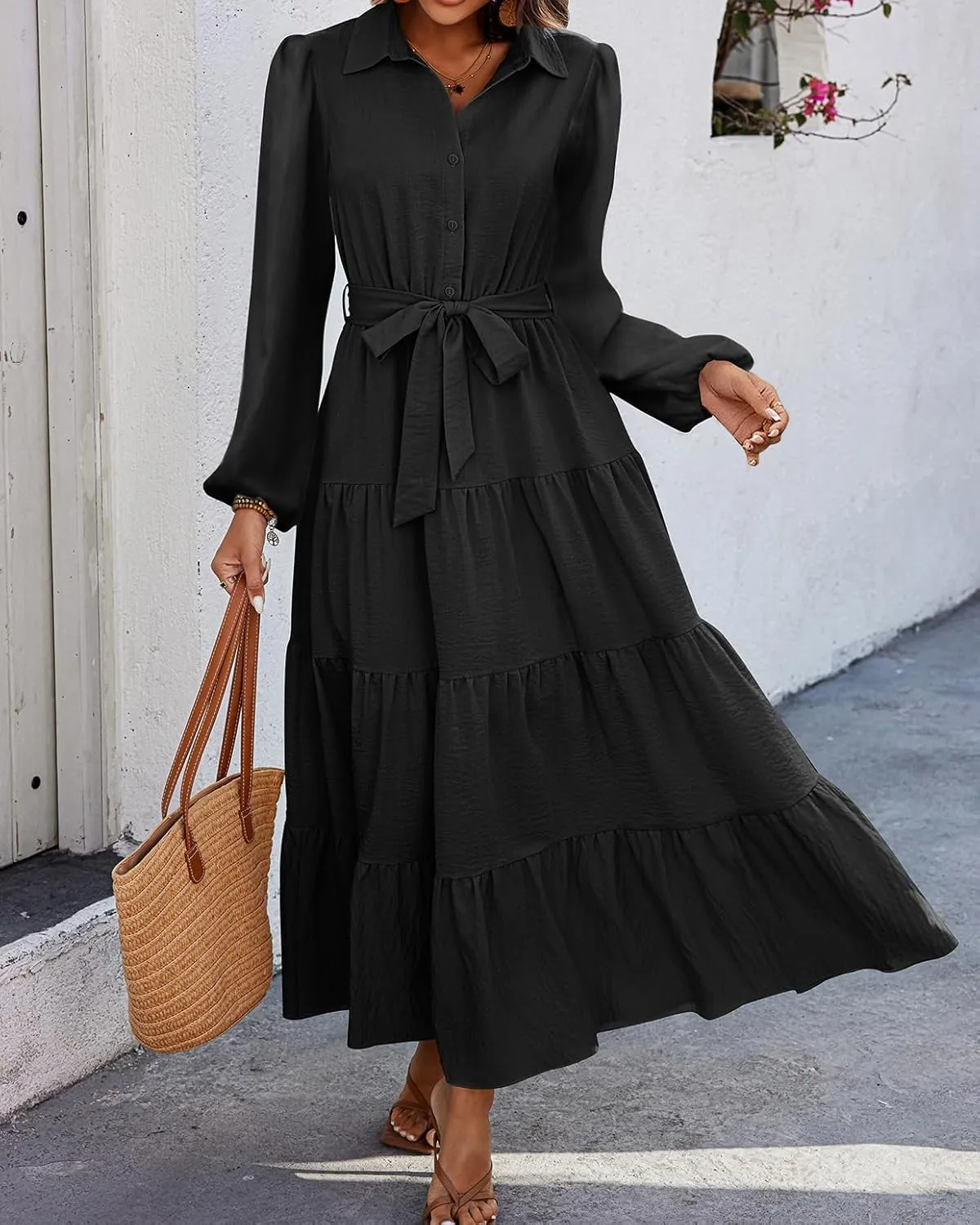 dowerme Women's Long Sleeve Dress 2025 Button Down Belted A-Line Flowy Fall Outfits Ruffle Maxi Holiday Party Dresses