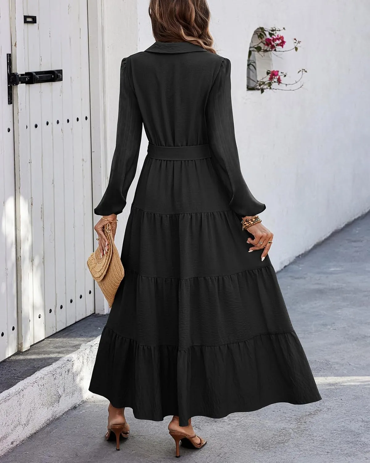 dowerme Women's Long Sleeve Dress 2025 Button Down Belted A-Line Flowy Fall Outfits Ruffle Maxi Holiday Party Dresses