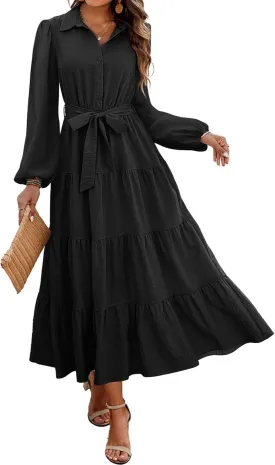 dowerme Women's Long Sleeve Dress 2025 Button Down Belted A-Line Flowy Fall Outfits Ruffle Maxi Holiday Party Dresses